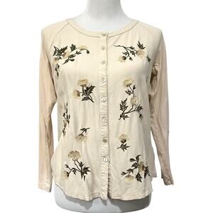 J Jill Top Womens Petite Small Embroidered Floral Beige Scoop Neck Button-Front